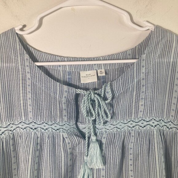 Womens New Directions Boho Striped Tunic Tie Neck Long Sleeve XL Blue Cotton Lyo - Picture 4 of 9